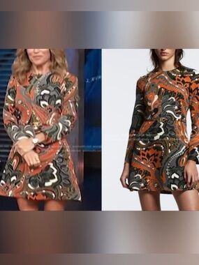 Zara Long Sleeve Paisley Mini Dress in Orange and Green